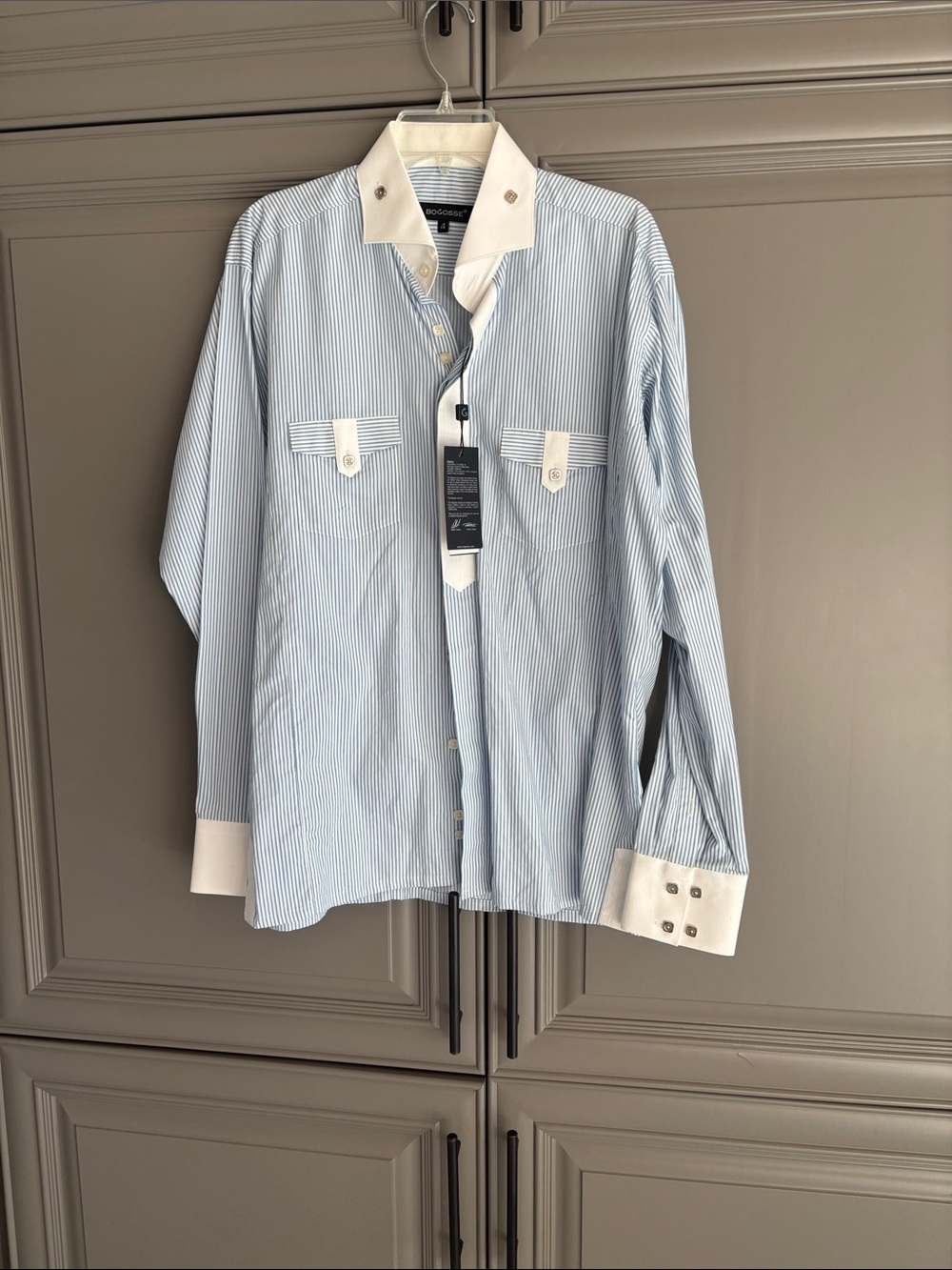 Light Blue Stripe Dress Shirt with White Contrast Collar and Cuffs